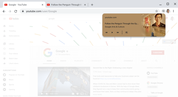 Finestra del navegador Chrome que mostra el quadre de diàleg dels controls multimèdia.