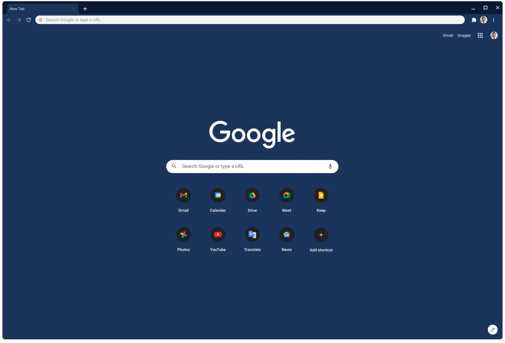 Finestra del navegador Chrome que mostra Google.com, amb el tema pissarra.