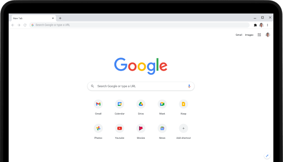 Extrem superior esquerre d'un portàtil Pixelbook Go amb la barra de cerca de Google.com i les aplicacions preferides a la pantalla.
