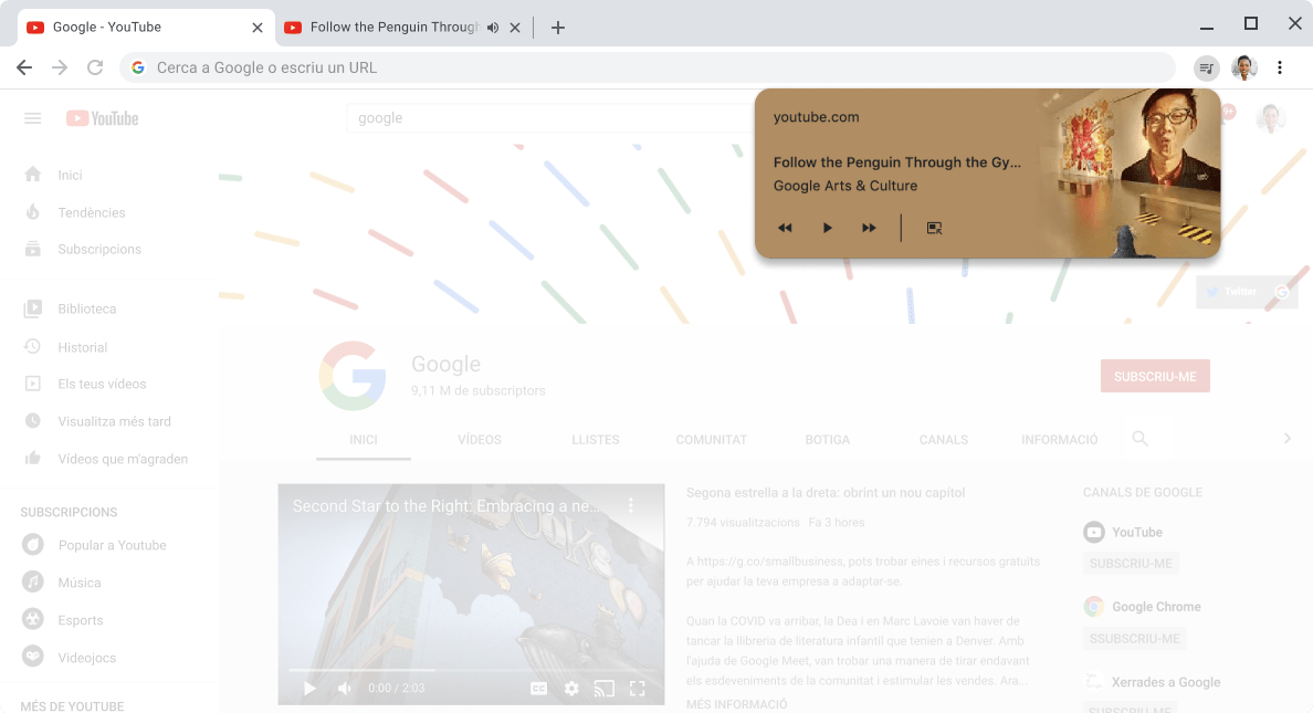 Finestra del navegador Chrome que mostra el quadre de diàleg dels controls multimèdia.