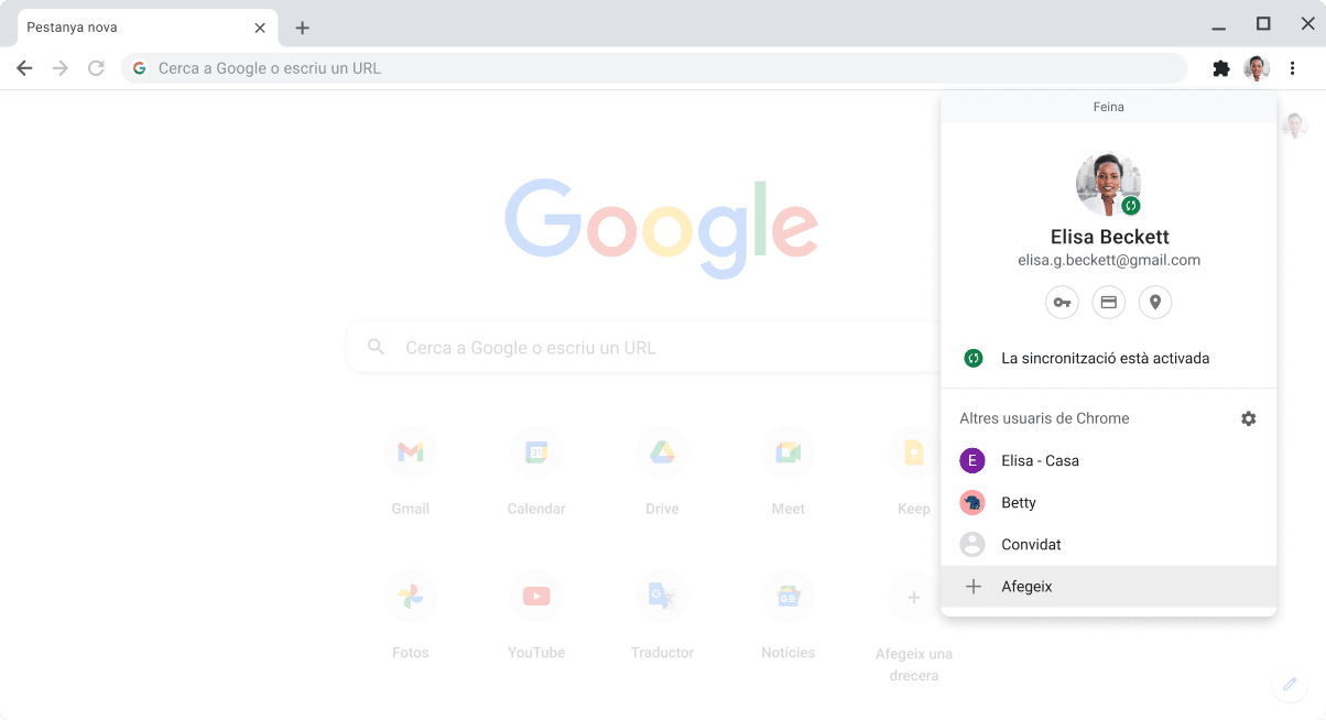 Navegador Chrome que mostra el quadre de diàleg del selector de perfil.