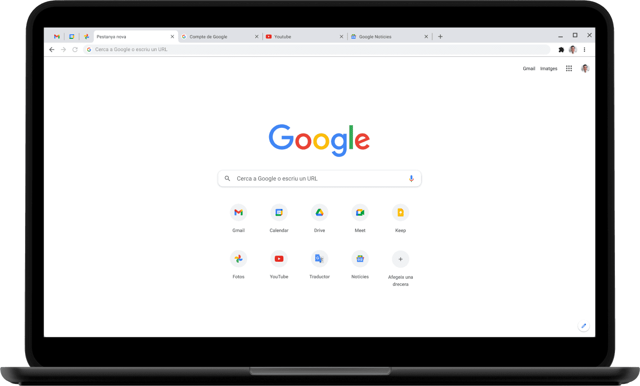 Extrem superior esquerre d'un portàtil Pixelbook amb el lloc web Google.com a la pantalla.