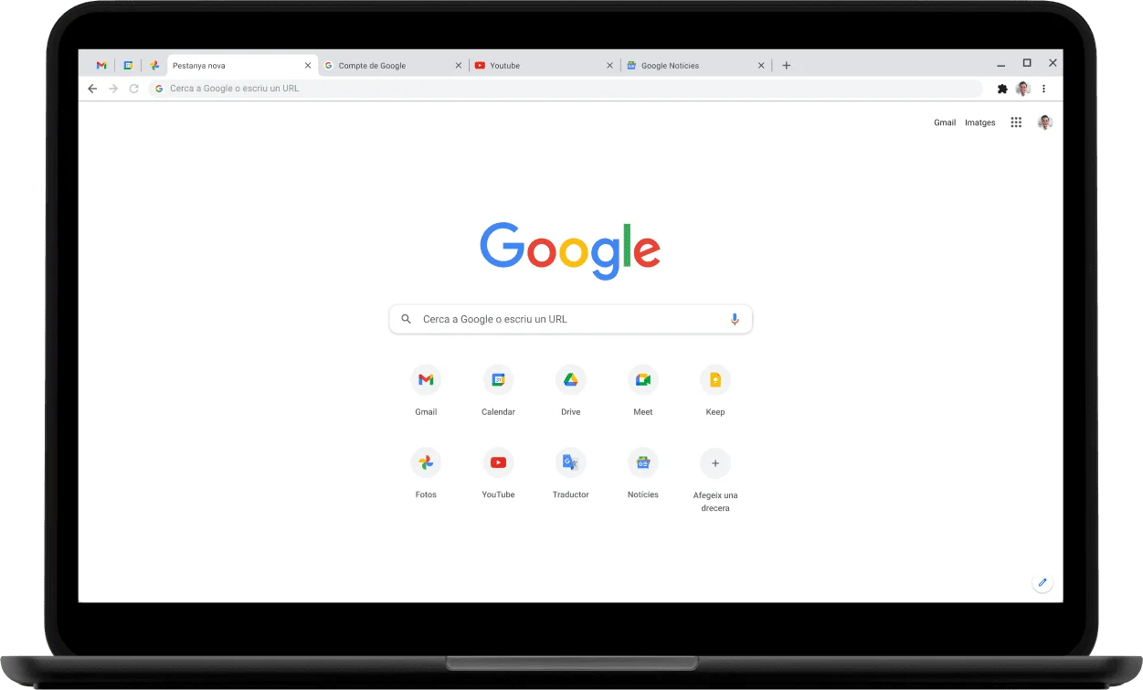 Extrem superior esquerre d'un portàtil Pixelbook amb el lloc web Google.com a la pantalla.