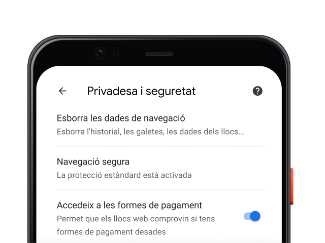 Pàgina de configuració Privadesa i seguretat del navegador Chrome en un dispositiu mòbil.