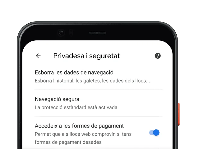 Pàgina de configuració Privadesa i seguretat del navegador Chrome en un dispositiu mòbil.