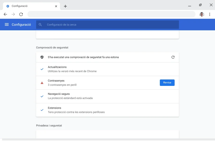 Finestra del navegador Chrome que mostra les opcions de configuració del compte i de sincronització per als Comptes de Google amb la sincronització activada.