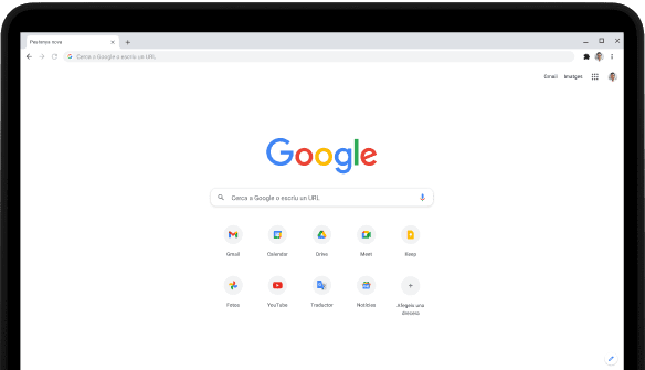 Extrem superior esquerre d'un portàtil Pixelbook Go amb la barra de cerca de Google.com i les aplicacions preferides a la pantalla.