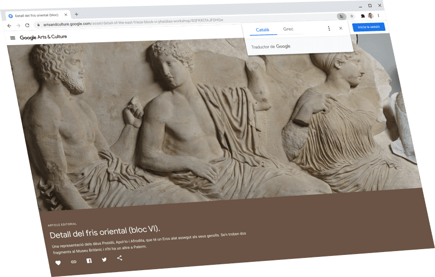 Es mostra una pàgina de Google Arts & Culture amb un quadre de diàleg del Traductor de Google a sobre, que tradueix a l'anglès.