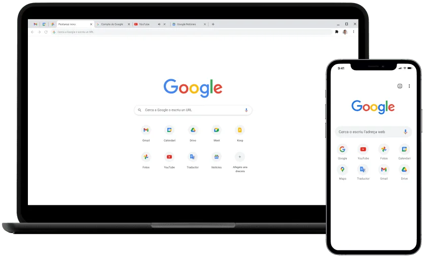 Portàtil i dispositiu mòbil que mostren la pàgina d'inici de Google.com.