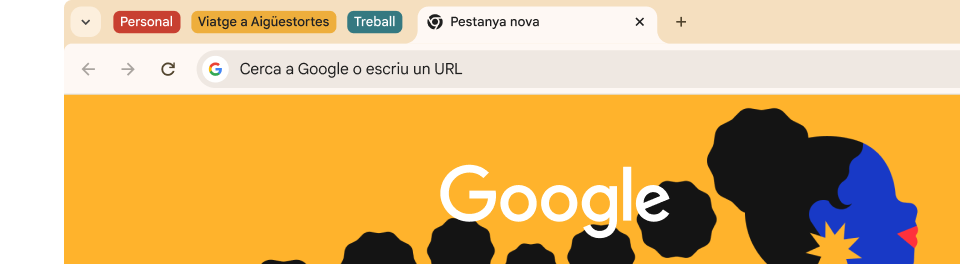 La IU d'un navegador mostra tres grups de pestanyes: Personal, Viatge a Arches i Treball.