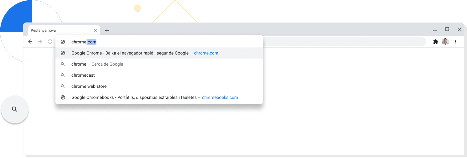 Vista ampliada d'una pestanya nova en una finestra del navegador Chrome amb el lloc web chrome.com introduït a la barra d'adreces.