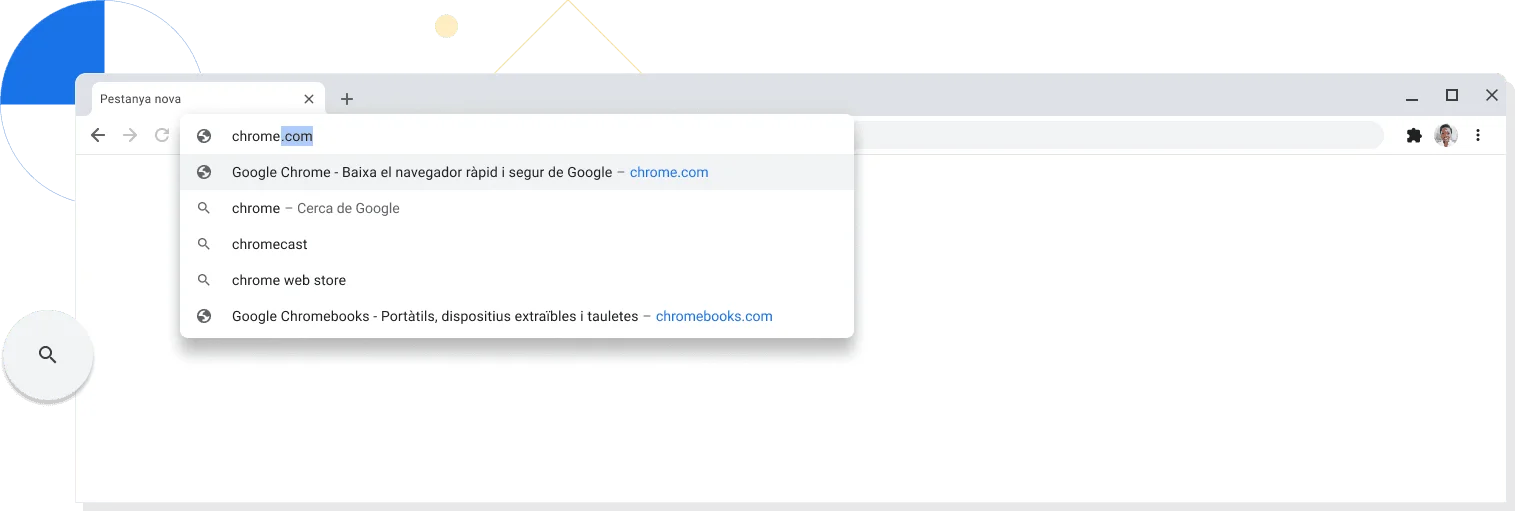 Vista ampliada d'una pestanya nova en una finestra del navegador Chrome amb el lloc web chrome.com introduït a la barra d'adreces.