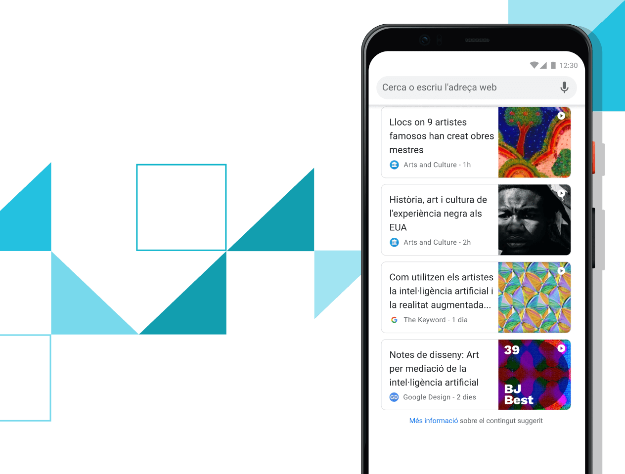 Articles que et poden interessar Telèfon Pixel 4 XL amb enllaços a articles seleccionats a la pantalla.