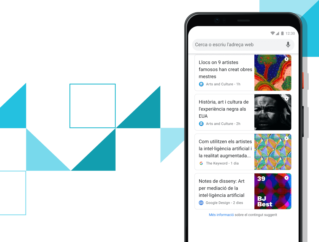 Telèfon Pixel 4 XL amb enllaços a articles seleccionats a la pantalla.