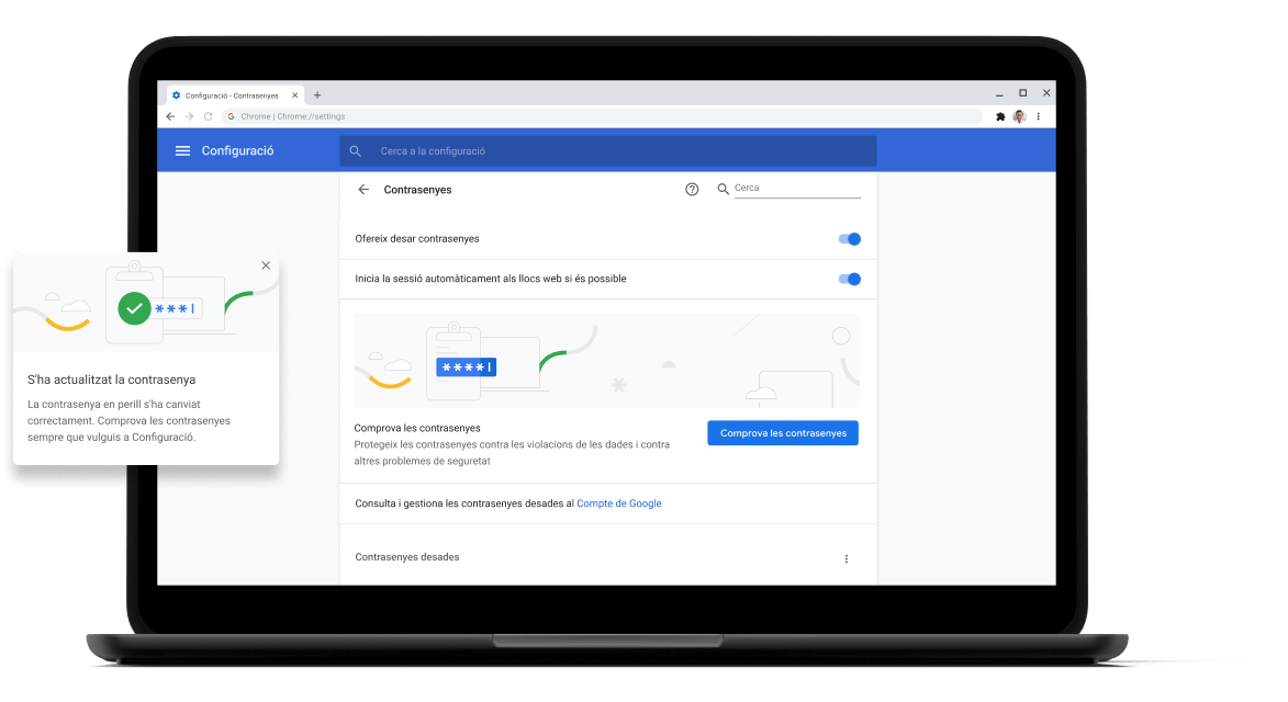 Comprovació de contrasenya Pixelbook Go laptop with screen displaying Chrome password check with a passsword update dialog box.