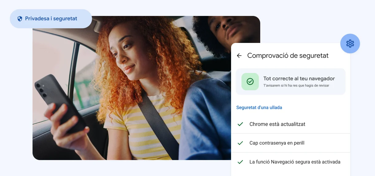 Una dona que mira el telèfon. Hi ha elements que diuen “Privadesa i seguretat” amb una alerta sobre contrasenyes en perill.