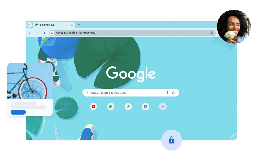 El fons de la pàgina de cerca de Google té una il·lustració blava d'un peix en un estany amb carpes koi japoneses. Hi ha una foto d'una dona en un extrem.