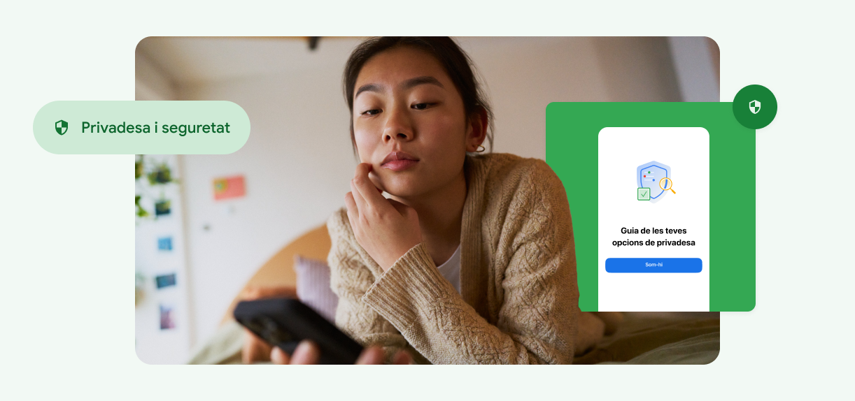 Una dona que es toca la cara i mira el telèfon.