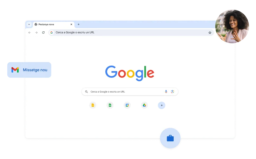 El fons de la pàgina de cerca de Google és blanc. Hi ha una foto d'una dona en un extrem.