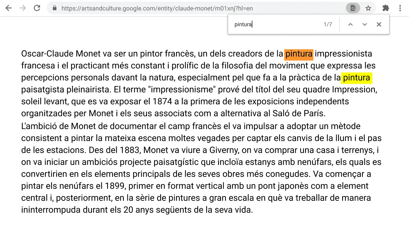 Finestra del navegador Chrome oberta en una pàgina web amb la funció Cerca activada.