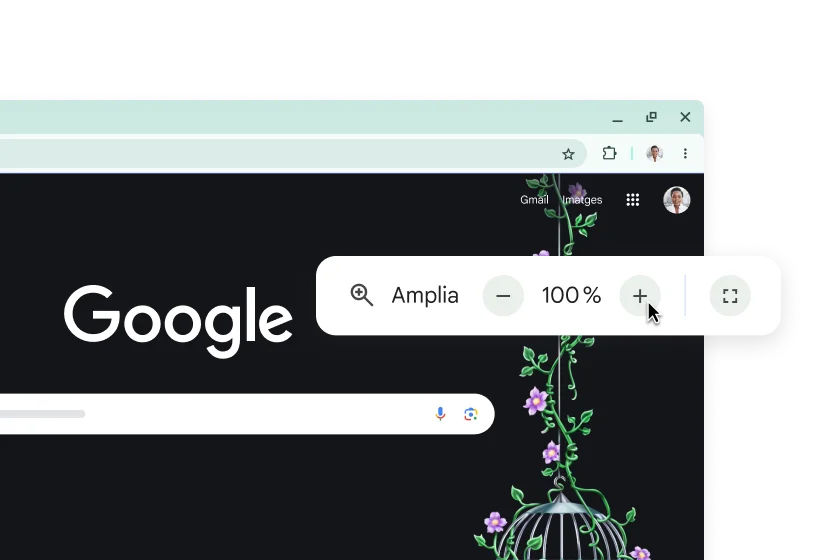 Pàgina d'inici de Google i una finestra emergent amb el zoom establert al 100 %
