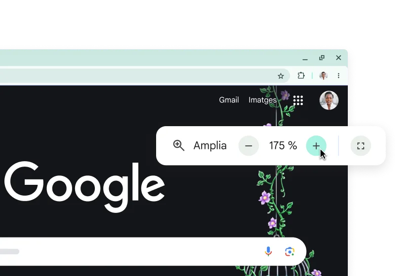 Pàgina d'inici de Google amb elements ampliats i una finestra emergent amb el zoom establert al 175 %