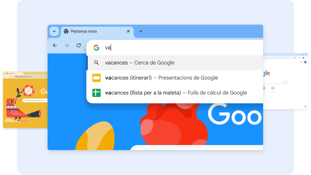 En cercar 'va', es retornen documents sobre les vacances i, en tocar una drecera de Fulls de càlcul, es retorna el full de càlcul 'Vacances (llista per a la maleta)''.