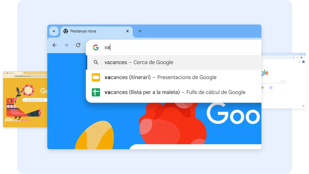 En cercar 'va', es retornen documents sobre les vacances i, en tocar una drecera de Fulls de càlcul, es retorna el full de càlcul 'Vacances (llista per a la maleta)''.