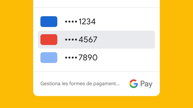 Google Pay mostra només els quatre darrers dígits de tres targetes de crèdit per motius de seguretat.