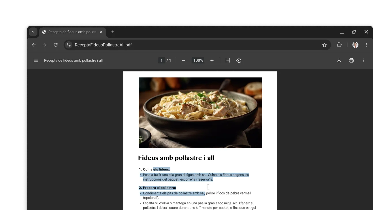 PDF amb una recepta obert en una finestra del navegador Chrome. L'usuari ha seleccionat text dins del PDF.
