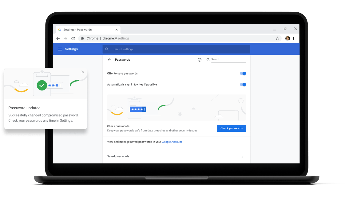 Comprovació de contrasenya Pixelbook Go laptop with screen displaying Chrome password check with a passsword update dialog box.