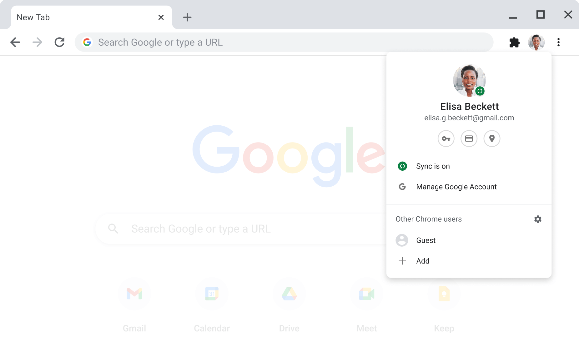 Finestra del navegador Chrome que mostra les opcions de configuració del compte i de sincronització per als Comptes de Google amb la sincronització activada.